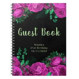 Caderno Espiral Elegant Hot Pink Flowers Birthday Party Guest Book