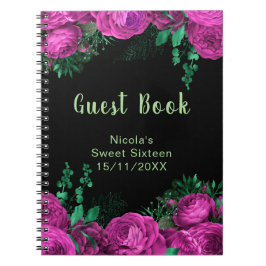 Caderno Espiral Elegant Hot Pink Flowers Sweet Sixteen Guest Book