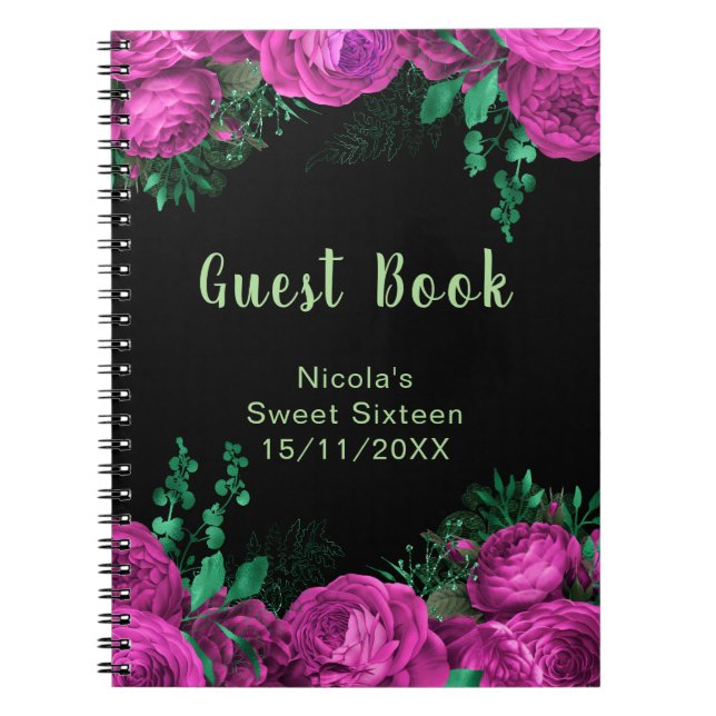 Caderno Espiral Elegant Hot Pink Flowers Sweet Sixteen Guest Book (Frente)