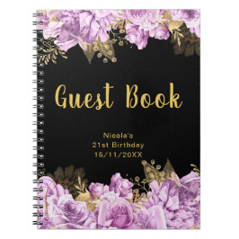 Caderno Espiral Elegant Lilac and Gold Flowers Birthday Guest Book