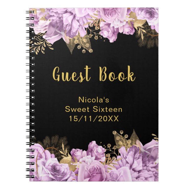 Caderno Espiral Elegant Lilac and Gold Flowers Sweet Sixteen (Frente)