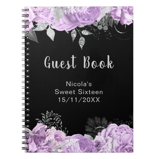 Caderno Espiral Elegant Lilac and Silver Flowers Sweet Sixteen (Frente)
