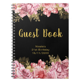 Caderno Espiral Elegant Pink and Gold Flowers Birthday Guest Book