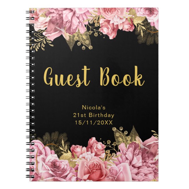 Caderno Espiral Elegant Pink and Gold Flowers Birthday Guest Book (Frente)