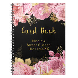 Caderno Espiral Elegant Pink and Gold Flowers Sweet Sixteen