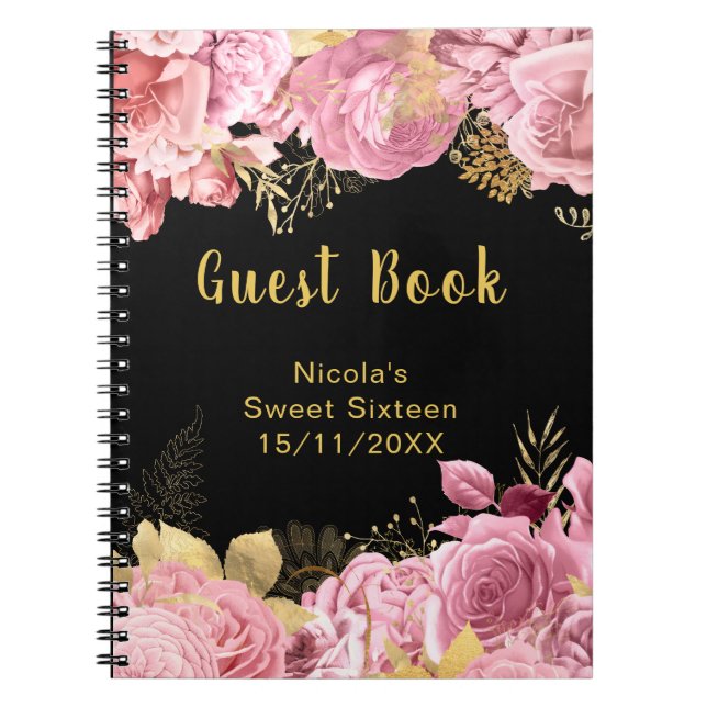 Caderno Espiral Elegant Pink and Gold Flowers Sweet Sixteen (Frente)