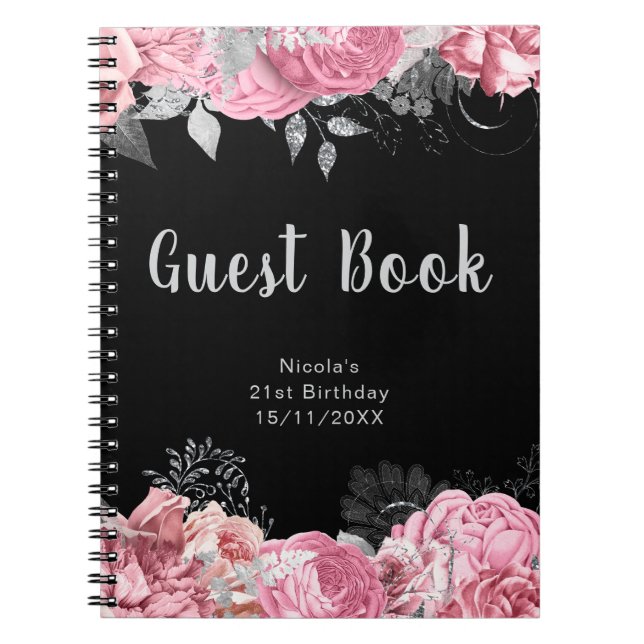 Caderno Espiral Elegant Pink and Silver Flower Birthday Guest Book (Frente)