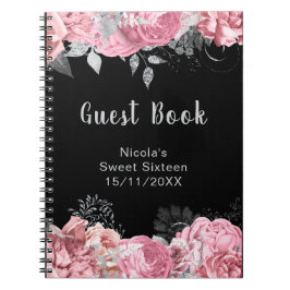 Caderno Espiral Elegant Pink and Silver Flowers Sweet Sixteen