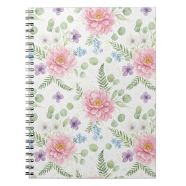 Caderno Espiral Elegant Pink Peony & Lavender Watercolor Floral