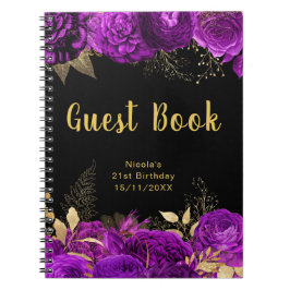 Caderno Espiral Elegant Purple and Gold Flower Birthday Guest Book