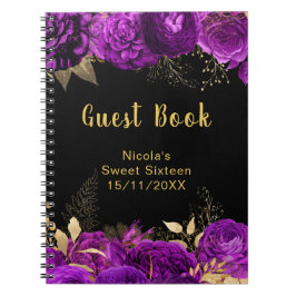 Caderno Espiral Elegant Purple and Gold Flowers Sweet Sixteen