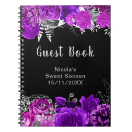 Caderno Espiral Elegant Purple and Silver Flowers Sweet Sixteen
