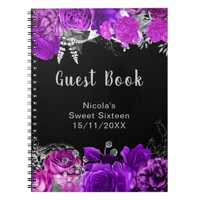 Caderno Espiral Elegant Purple and Silver Flowers Sweet Sixteen (Frente)