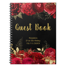 Caderno Espiral Elegant Red and Gold Flowers Birthday Guest Book