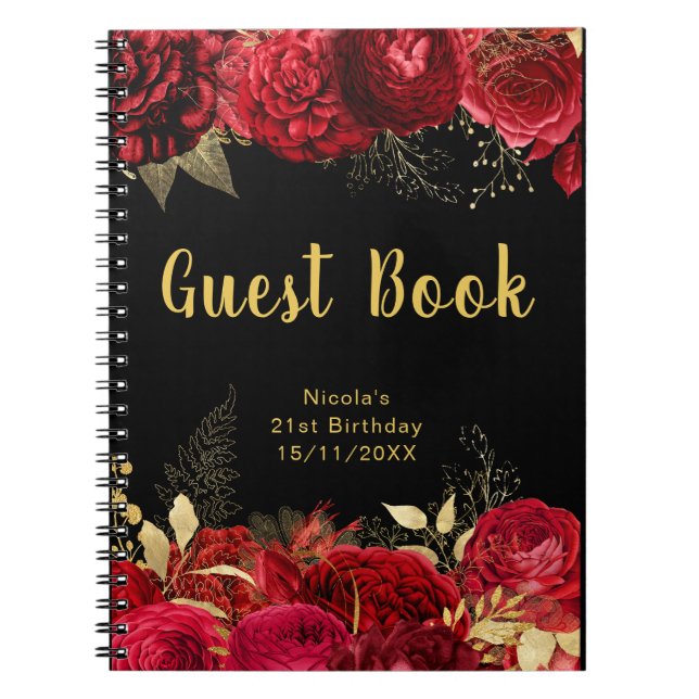 Caderno Espiral Elegant Red and Gold Flowers Birthday Guest Book (Frente)