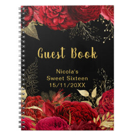 Caderno Espiral Elegant Red and Gold Flowers Sweet Sixteen