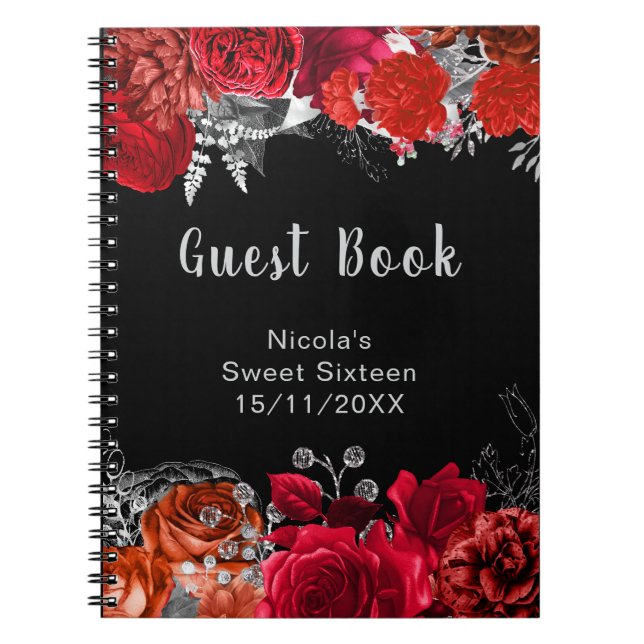 Caderno Espiral Elegant Red and Silver Flowers Sweet Sixteen (Frente)