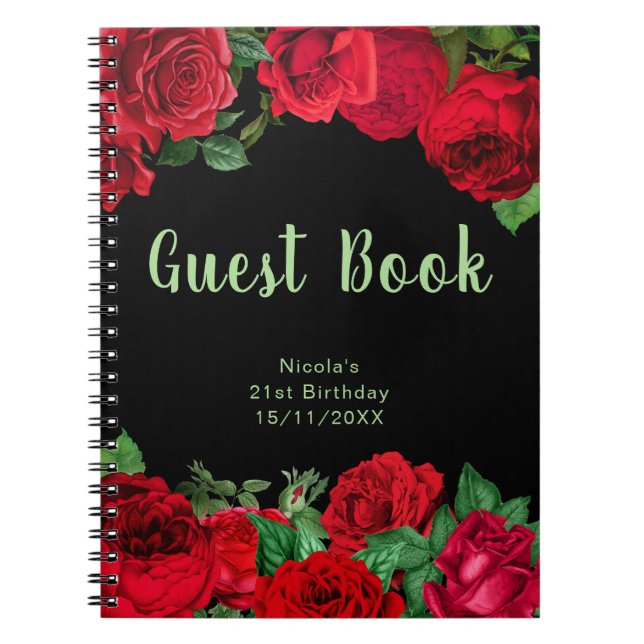 Caderno Espiral Elegant Red Roses Flowers Birthday Guest Book (Frente)