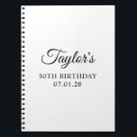 Caderno Espiral Elegant Script 50th Birthday Guest<br><div class="desc">Crie seu próprio design de 50 anos para celebração de festa de aniversário de marco de 50 anos em um notebook de vazio. Este lindo notebook de vazio médio que pode funcionar para um guia. Personalize o fundo branco sólido mínimo para sua cor favorita. Personalize os estilos de fonte para...</div>