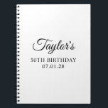 Caderno Espiral Elegant Script 50th Birthday Guest<br><div class="desc">Crie seu próprio design de 50 anos para celebração de festa de aniversário de marco de 50 anos em um notebook de vazio. Este lindo notebook de vazio médio que pode funcionar para um guia. Personalize o fundo branco sólido mínimo para sua cor favorita. Personalize os estilos de fonte para...</div>