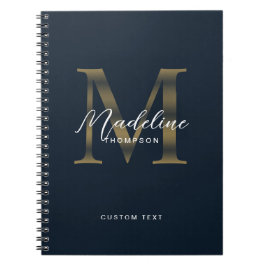 Caderno Espiral Elegant Script Metallic Navy Blue Gold Monogram