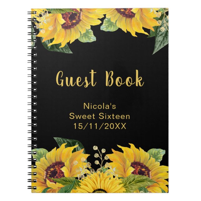 Caderno Espiral Elegant Sunflowers and Foliage Sweet Sixteen Guest (Frente)