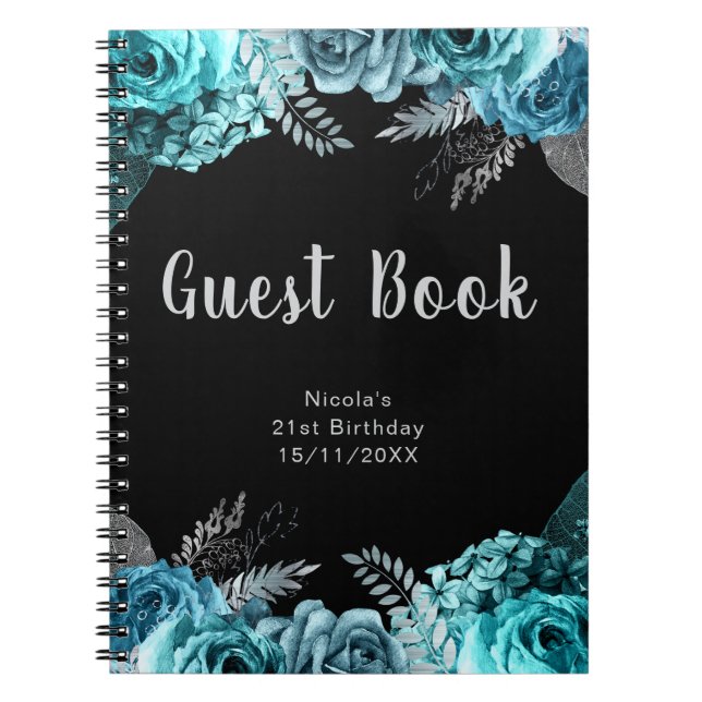Caderno Espiral Elegant Teal Blue and Silver Flower Guest Book (Frente)