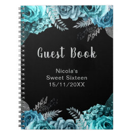 Caderno Espiral Elegant Teal Blue and Silver Flowers Sweet Sixteen