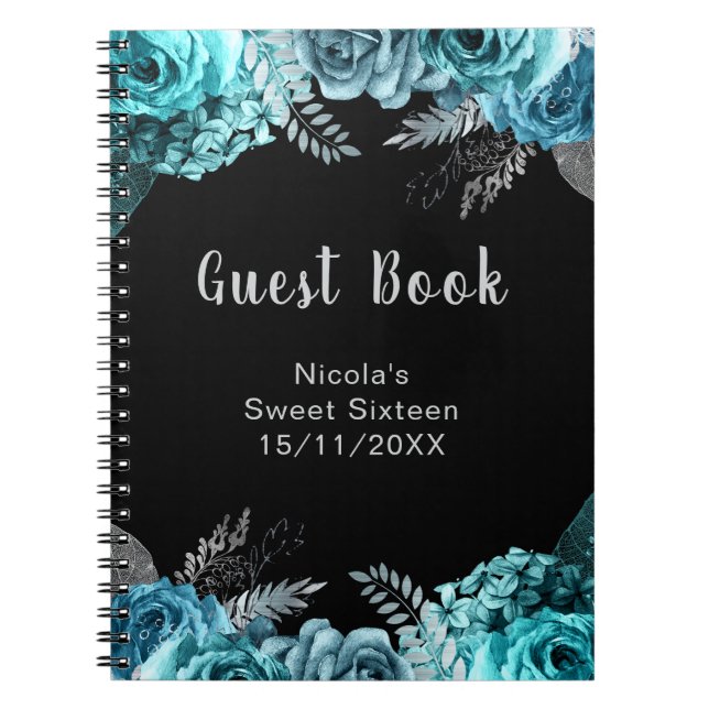 Caderno Espiral Elegant Teal Blue and Silver Flowers Sweet Sixteen (Frente)