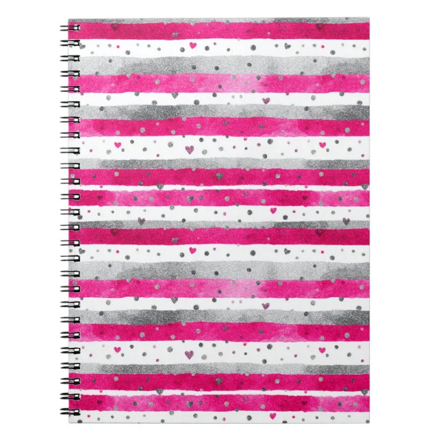 Caderno Espiral Elegant Valentine Pink Silver Hearts on Striped (Frente)