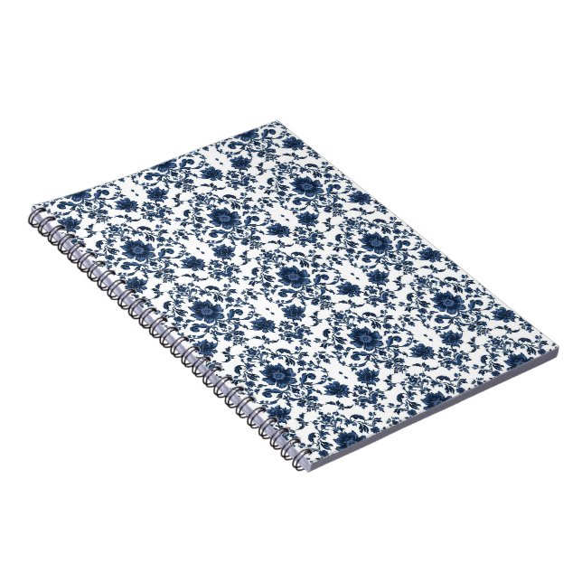 Caderno Espiral Elegant Victorian Damask Flower Pattern Navy Blue  (Lado Direito)