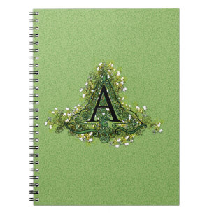 Caderno Espiral Elegant Vintage green Floral initial A monogram