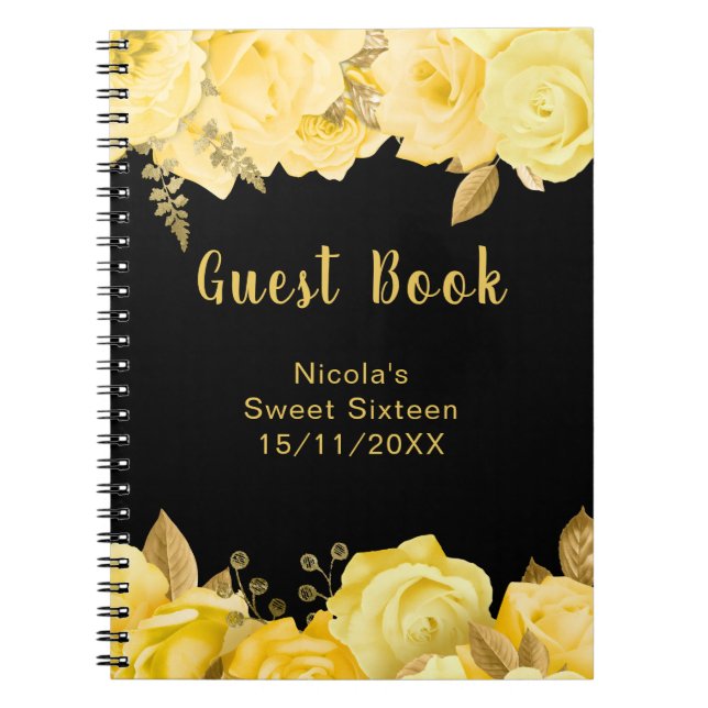 Caderno Espiral Elegant Yellow and Gold Flowers Sweet Sixteen  (Frente)