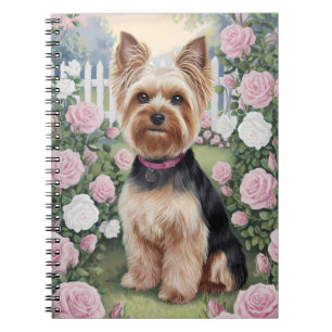 Caderno Espiral Elegant Yorkshire Terrier Rosa Garden Painting