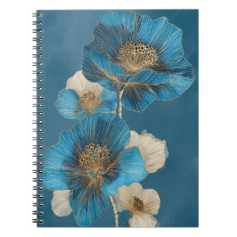 Caderno Espiral Elegante Arte Botânica de Papoula em Linha Azul Do