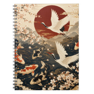 Caderno Espiral Elegante Arte Japonesa Personalizada de Koi & Grou