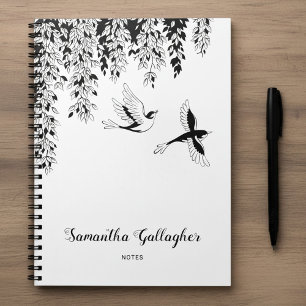 Caderno Espiral Elegante Bétula Chorona Preto e Branco Pássaros Vo