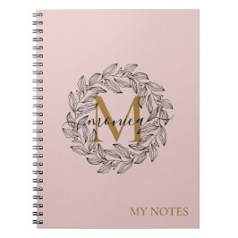 Caderno Espiral Elegante Blush Pink Girly Floral Dourado Monograma