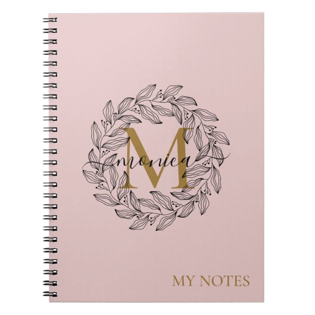Caderno Espiral Elegante Blush Pink Girly Floral Dourado Monograma (Frente)