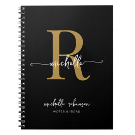 Caderno Espiral Elegante Chic Feminino Monograma Nome Grafia Preta