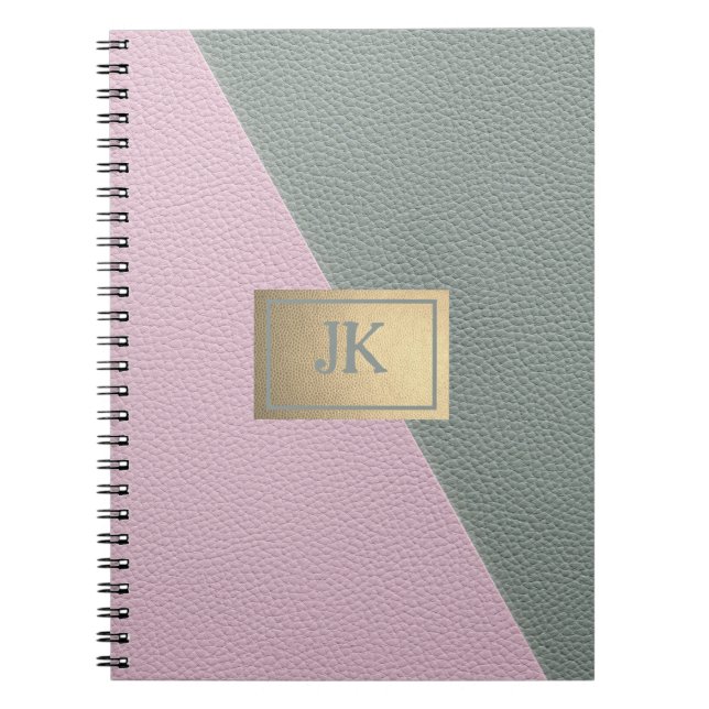 Caderno Espiral Elegante couro rosa verde Monogram   (Frente)