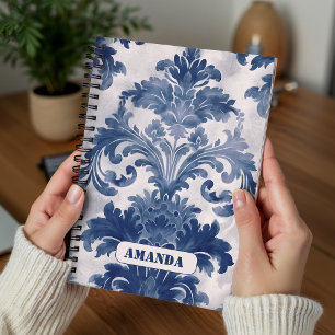 Caderno Espiral Elegante damasco Azul toile de jouy monograma