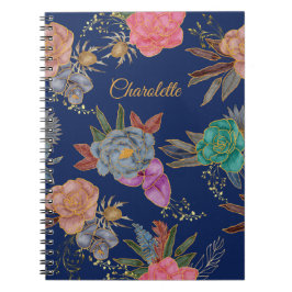 Caderno Espiral Elegante Design de Padrão Floral com Folha Dourada