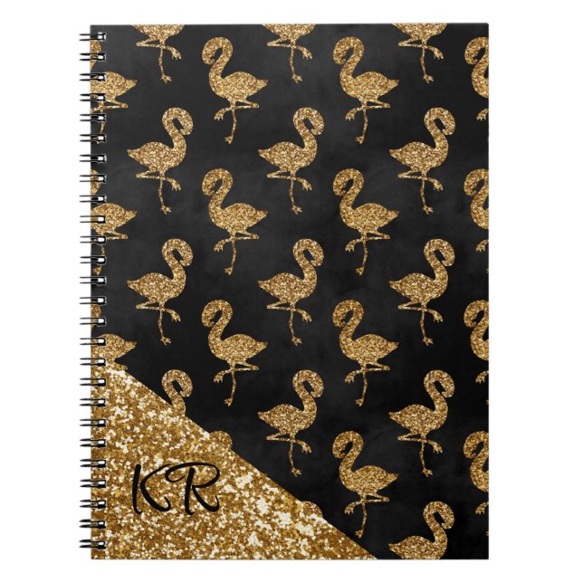 Caderno Espiral Elegante Dourado Flamingo Pattern Monograma (Frente)