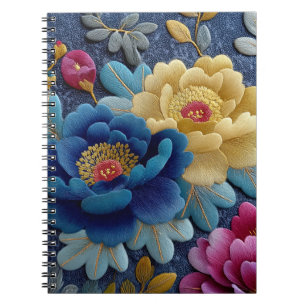 Caderno Espiral Elegante Falso Bordado Floral Peônia Vintage