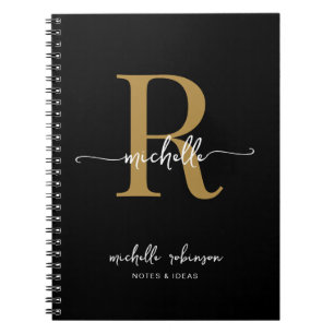 Caderno Espiral Elegante Feminino Monograma Nome Dourado Preto Gra