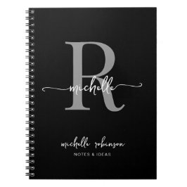 Caderno Espiral Elegante Feminino Monograma Nome Preto Cinza Scrip
