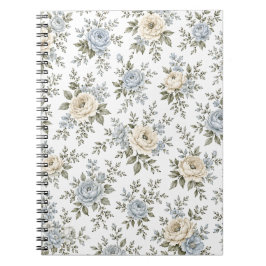 Caderno Espiral Elegante Floral Azul e Marfim
