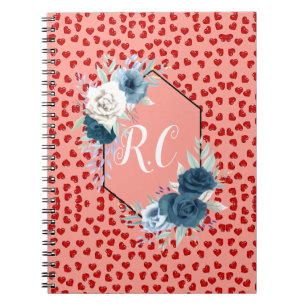 Caderno Espiral Elegante Floral Azul Poeirento e Corações Vermelho