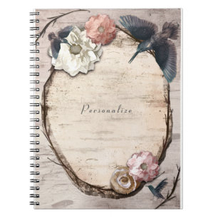 Caderno Espiral Elegante Floral de Bétula Branca Rústica e Beija-f